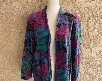 Vintage 80s Tan Jay Velvet Floral Print Open Front Blazer Jacket, Made in the USA, Womens Size 12