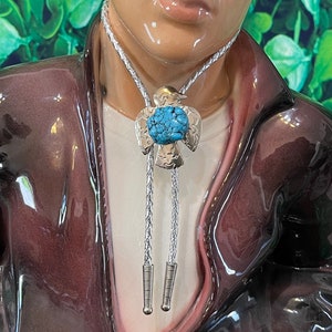 Vintage 80 Eagle with a Chunky Turquoise Stone on a Metallic Silver Bolo Tie image 4