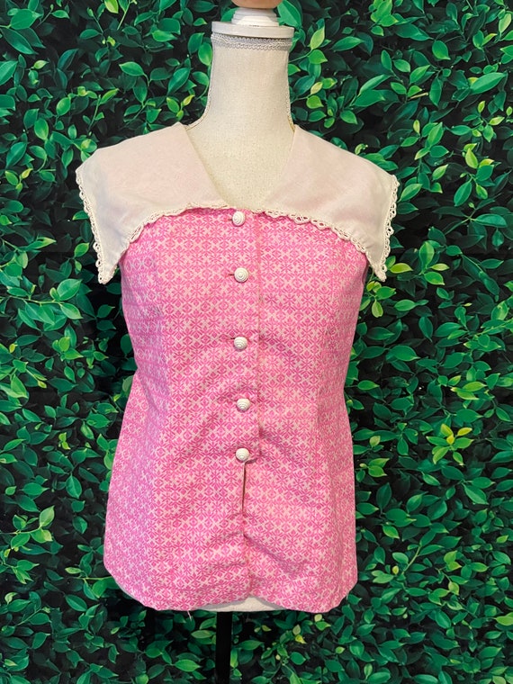Vintage 60s/70s Pink Sleeveless Button Down Blous… - image 3