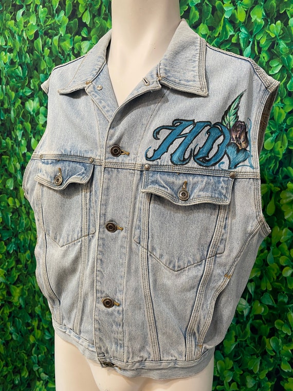 Vintage Hand Drawn Unionbay Denim Vest With Harle… - image 4