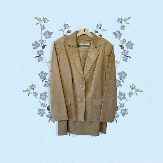 80s bebe Tan Suede Skirt Suit set