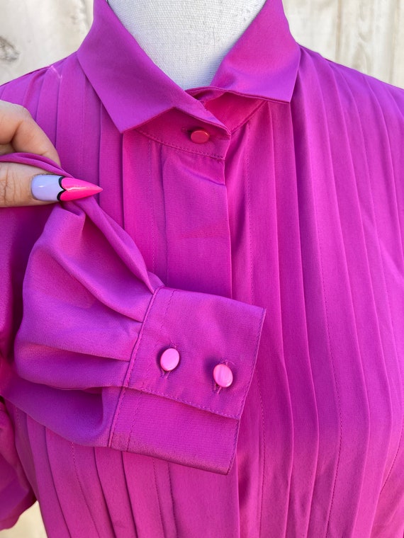 Vintage 80s Pink/Fuscia Long Sleeve Blouse, Puffy… - image 3