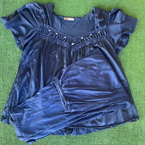Vintage 90s Navy Blue 2 Piece Pajama Set, Pants and Top, Size XL