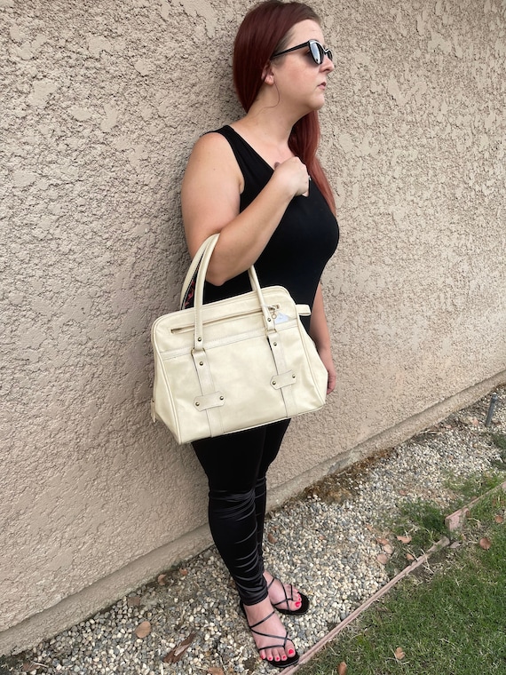 Vintage 1970s Large Off White Faux Leather Handbag