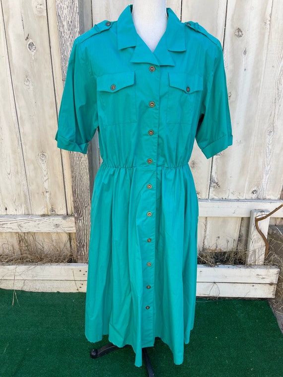 Vintage 70s Turquoise Pleated Shirt Dress By Brid… - image 1