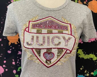 Y2K Juicy Couture Sequined Gray Crew New T-shirt, Size Small