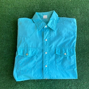 Vintage 70s Western Shirt, Malco Modes Baby Blue Pearl Snap, Mens Medium