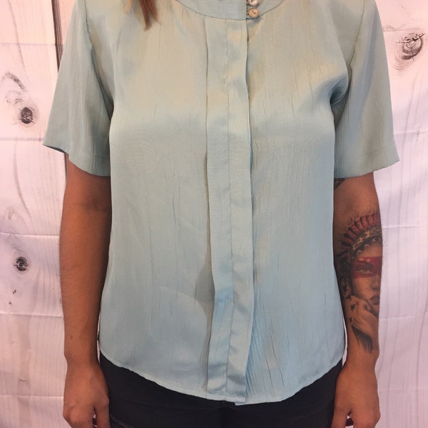 Vintage 80s Teal Blouse, Hidden Buttons, Size Small