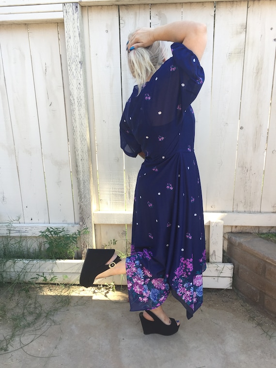 Vintage 70s Sheer Navy Blue Flowy Dress with Flow… - image 5