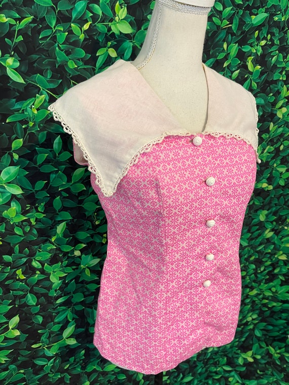 Vintage 60s/70s Pink Sleeveless Button Down Blous… - image 5