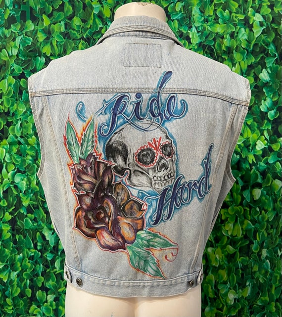 Vintage Hand Drawn Unionbay Denim Vest With Harle… - image 1