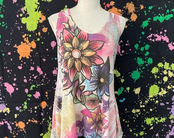 Early 2000s Y2K Short Flowy Tie-Dye Mini Dress with Flowers, Made in the USA, Size Medium