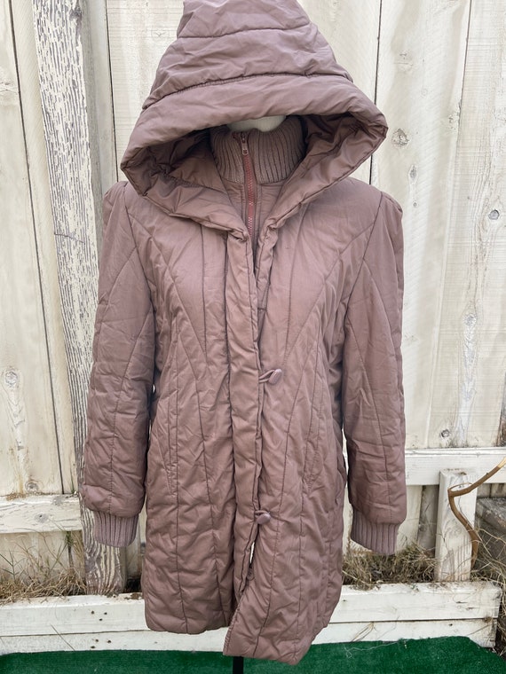 Vintage 80s Brown Saxton Hall Puffer Coat with Ho… - image 1