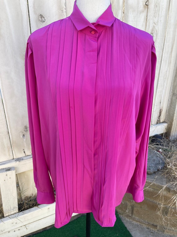 Vintage 80s Pink/Fuscia Long Sleeve Blouse, Puffy… - image 1