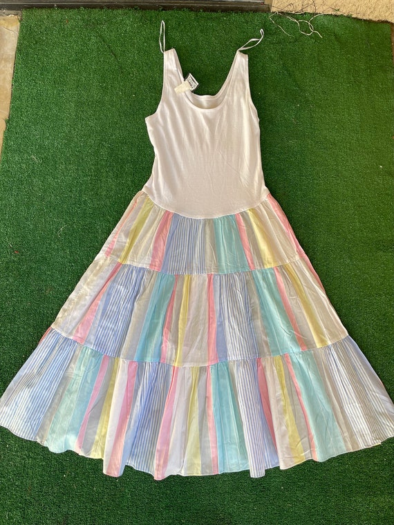 Vintage 1990s Pastel Striped Tiered Dress, Long D… - image 3