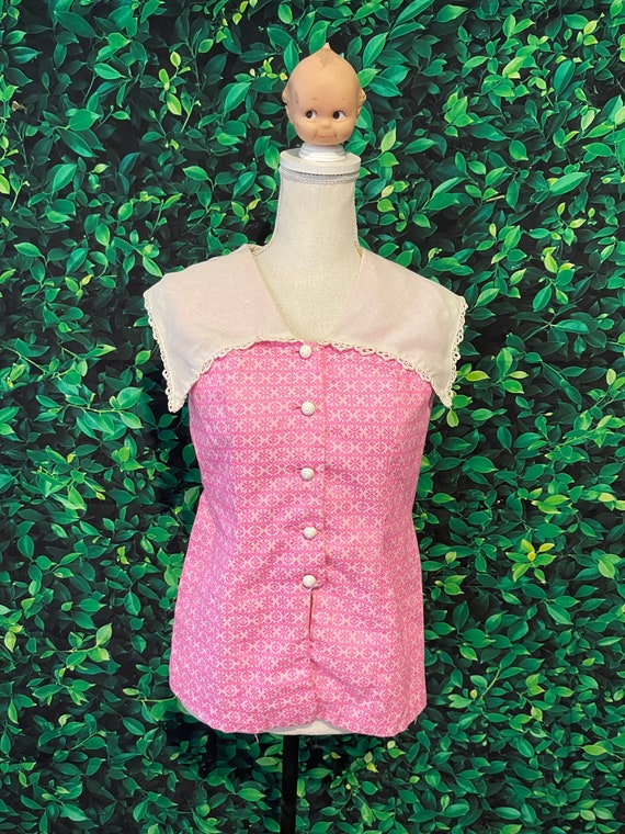 Vintage 60s/70s Pink Sleeveless Button Down Blous… - image 2