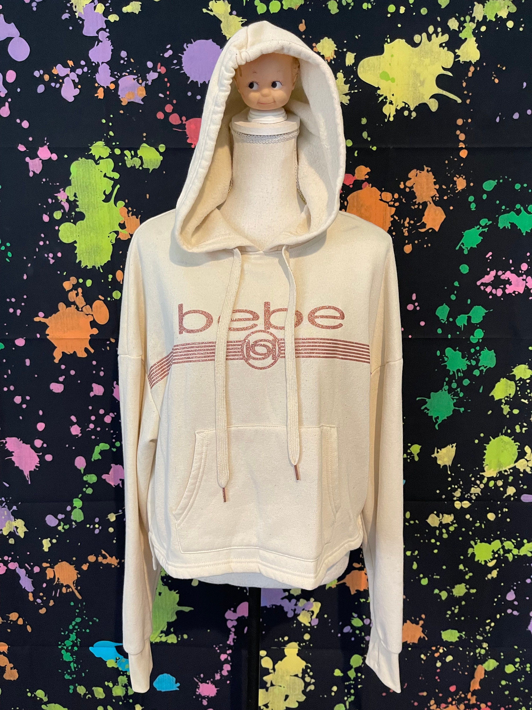 Bebe Sport Cream Colored Pullover Hoodie Sweatshirt a With Pink Glitter Logo Size Large Etsy
