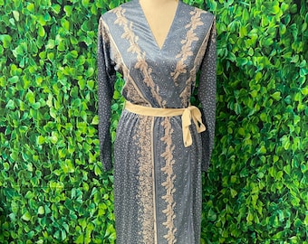 1970s Floral Print Maxi Dress: Andrea Gayle Blue & White, Size 10
