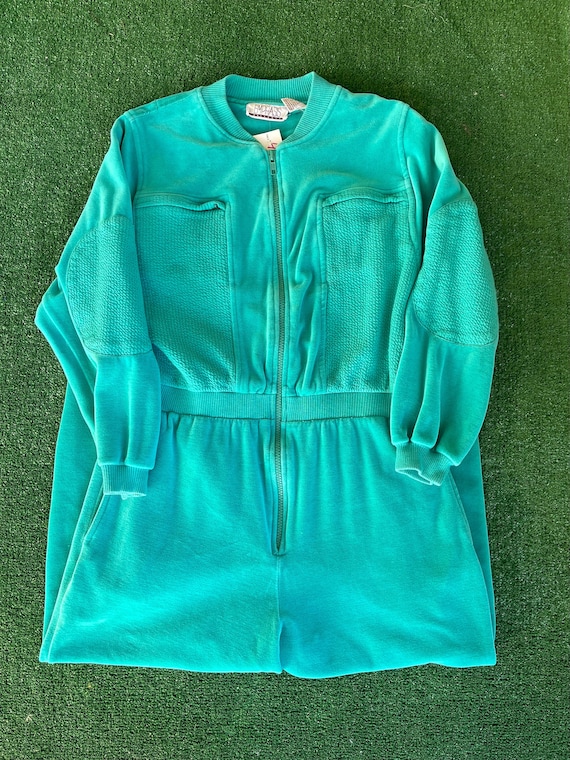 Vintage 1980s Turquoise Velour Jumpsuit, Aqua One 