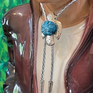 Vintage 80 Eagle with a Chunky Turquoise Stone on a Metallic Silver Bolo Tie image 6
