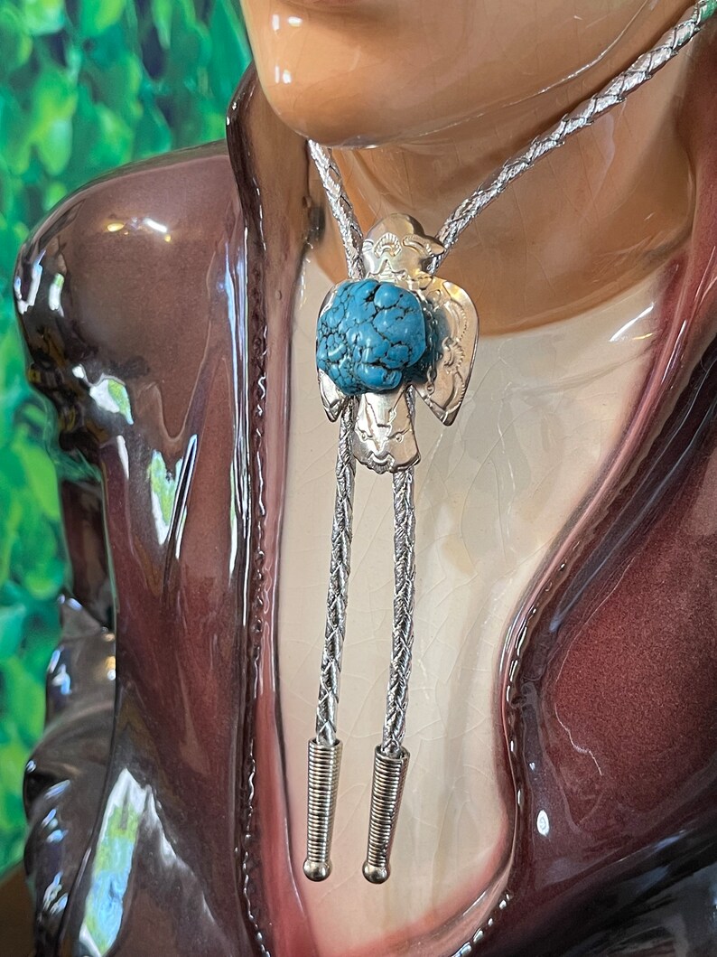 Vintage 80 Eagle with a Chunky Turquoise Stone on a Metallic Silver Bolo Tie image 6