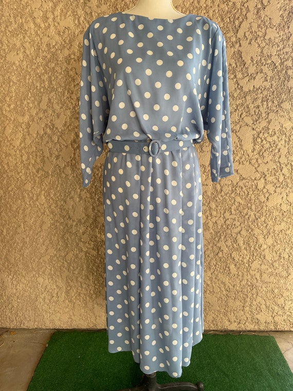 Vintage 1950s Blue and White Polka Dot Dress, She… - image 1