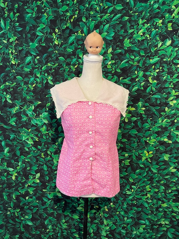 Vintage 60s/70s Pink Sleeveless Button Down Blous… - image 1