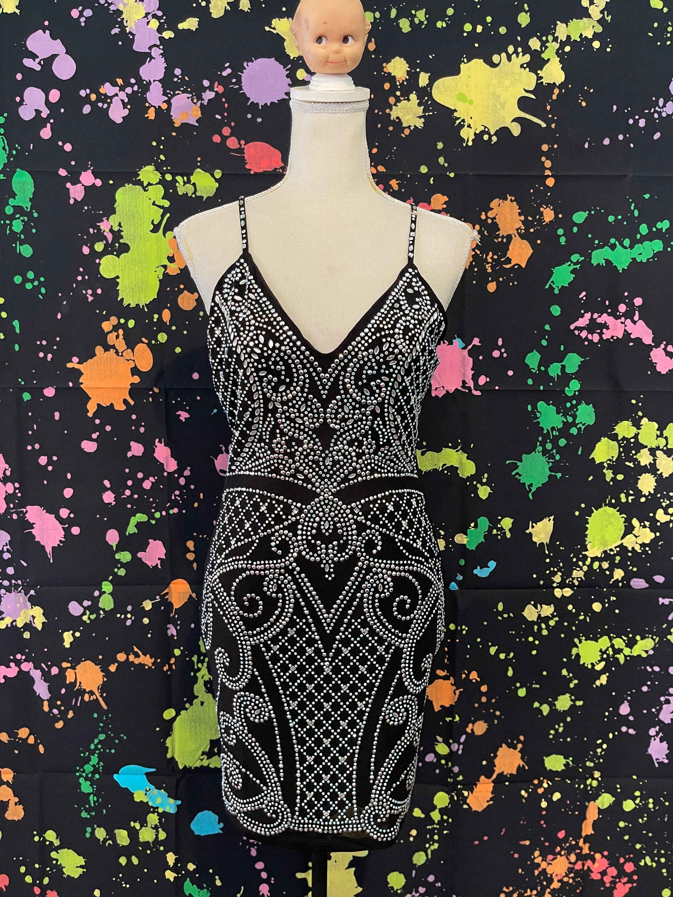 Black Bodycon Sheer Mini Dress With Silver Rhinestone Designs - Etsy Black Bodycon Sheer Mini Dress With Silver Rhinestone Designs - Etsy