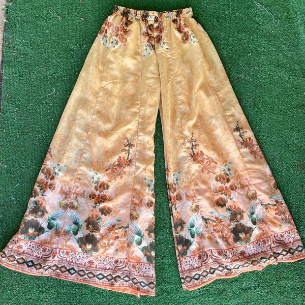 Vintage Floral Print Sheer Palazzo Pants, Women Size Extra Small