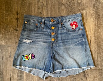 J.Crew High-waisted Denim Shorts with Fun Patches, Size 25