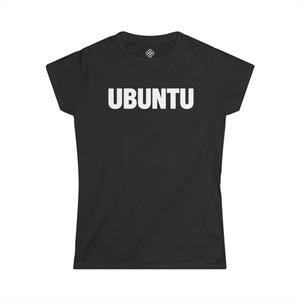 May include: Black t-shirt with the word "UBUNTU" printed in large, white capital letters across the chest. The shirt has short sleeves and a crew neck. A small, white design is visible near the neckline.