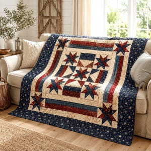Patriotisches Sternen-Quiltmuster (PDF), einfache Schritt-für-Schritt-Anleitung für einen Sternenmedaillon-Quilt, Dekoration im amerikanischen Stil zum 4. Juli, Sofort-Download