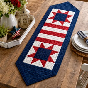 May include: A quilted table runner featuring a patriotic design with red, white, and blue colors. The runner has two large star motifs at each end, separated by horizontal stripes, all framed by a solid dark blue border with stitched details.