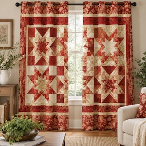 May include: A pair of floor-length curtains featuring a patchwork quilt design with a repeating star pattern in shades of deep red, cream, and tan. The curtains are constructed with metal grommets at the top for hanging on a curtain rod.