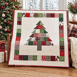 Op de afbeelding: Een vierkante quilt met een centraal patchwork kerstboomontwerp bestaande uit diverse rood, groen en wit bedrukte stoffen vierkantjes. De boom is omringd door een brede rand van afwisselende feestelijke stoffen vierkantjes op een crèmekleurige achtergrond.