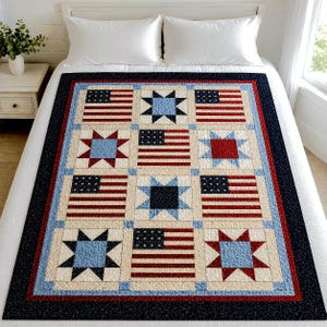 Patrón de edredón con bandera estadounidense y estrellas patrióticas en PDF, guía de edredón Americana para principiantes, edredón de muestra rojo, blanco y azul