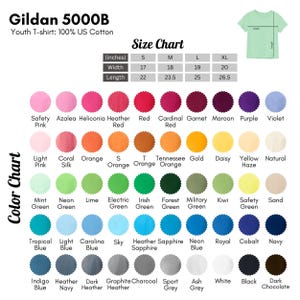 The image is a color chart for a youth t-shirt, displaying a variety of different colors available in the 500B size chart.