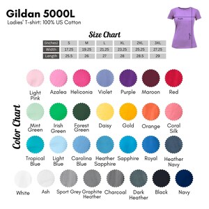 The image is a color chart for a ladies' t-shirt, displaying a variety of different colors and their corresponding sizes.