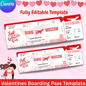 May include: A Valentine's Day-themed boarding pass template with a red and white color scheme. The design includes the text "Happy Valentine's Day", a world map, and a graphic of an airplane. The template is fully editable.
