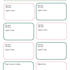 Könnte beinhalten: Eine weiße IEP-Vorlage (Individualized Education Program) mit rosa und grünen Rändern. Die Vorlage enthält Abschnitte für Schülerinformationen, Teammitglieder und Zielbereiche. Es gibt auch Platz für Notizen und Diskussionspunkte.