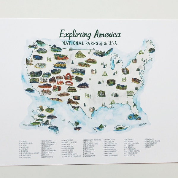 National Parks Map Print: US Checklist, Hand-Painted Art