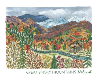 May include: A watercolour painting of the Great Smoky Mountains National Park. The image shows a cabin, a river, and autumn trees. The text "GREAT SMOKY MOUNTAINS National" is at the bottom of the image.