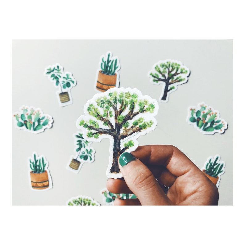 May include: A collection of watercolor stickers featuring various desert plants. The stickers include a Joshua tree, cacti, and potted plants. The stickers are in shades of green, brown, and white, with a hand holding a Joshua tree sticker.