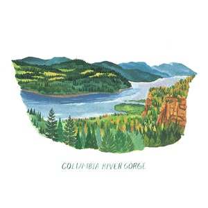 May include: A watercolour painting of the Columbia River Gorge. The artwork shows a river flowing through a valley, surrounded by green forests and rolling hills. The text "COLUMBIA RIVER GORGE" is written in green script at the bottom.