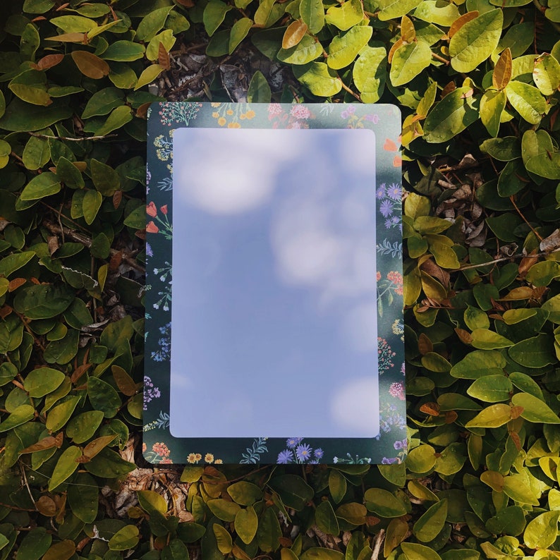 May include: A rectangular mirror with a floral border featuring red, purple, and yellow flowers on a dark green background. The mirror reflects a cloudy sky, and is surrounded by green leaves.
