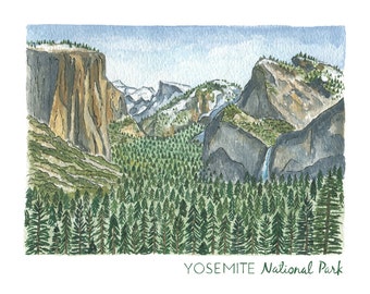 May include: Watercolour painting of Yosemite National Park. The artwork shows a valley with tall rock formations, a waterfall, and a forest of green trees. The sky is light blue. The text "YOSEMITE National Park" is at the bottom.