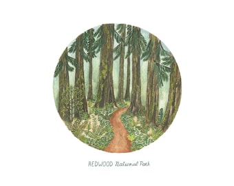 May include: Watercolor painting of a redwood forest scene within a circular frame. Tall, brown redwood trees line a path, with green ferns and foliage. The text "REDWOOD National Park" is written in green script below the image.