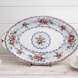 Vintage Royal Albert Petit Point Oval Small Tray | English Bone China Floral Needlepoint Pattern | Cottagecore Tableware Tea Party