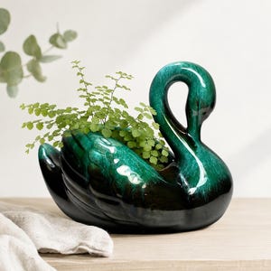 Peut inclure: Un cache-pot en céramique en forme de cygne avec un vernis vert émeraude brillant et des nuances noires plus sombres. Le cygne présente un long cou courbé et un corps creux contenant une petite plante verte aux tiges fines et feuillues.