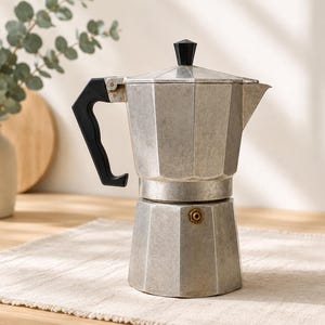 Peut inclure: Une cafetière italienne octogonale en aluminium argenté dotée d'une poignée en plastique noir et d'un bouton noir assorti sur le couvercle. La cafetière présente une finition métallique texturée, une petite soupape en laiton et un bec verseur.